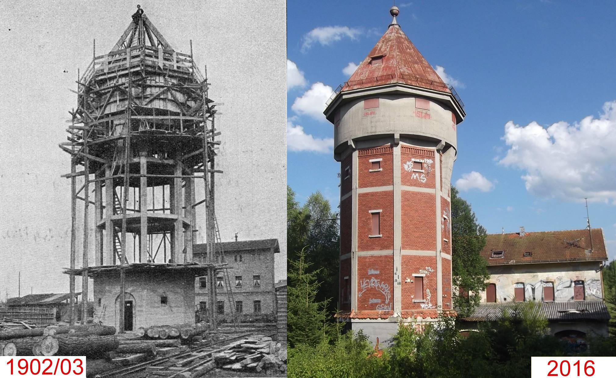 Linkes Photo: Bau des Wasserturms im Jahr 1902/03; rechtes Photo: Heutige Ansicht des Wasserturm mit ehem. Kantinengebude des Schwellenwerks